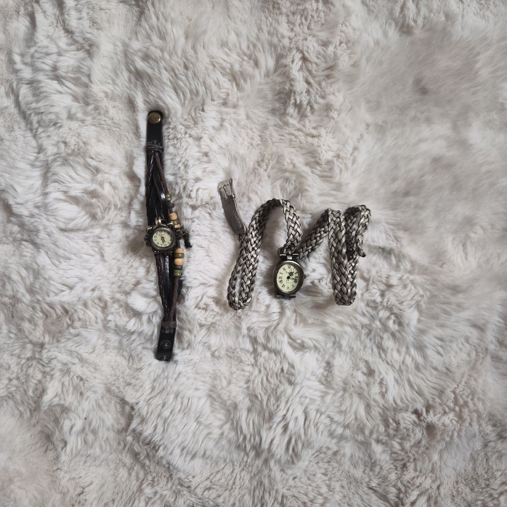 Vintage Watch Bundle Set Wrap Bracelet Braided Watch Leather Strap Brown Beaded